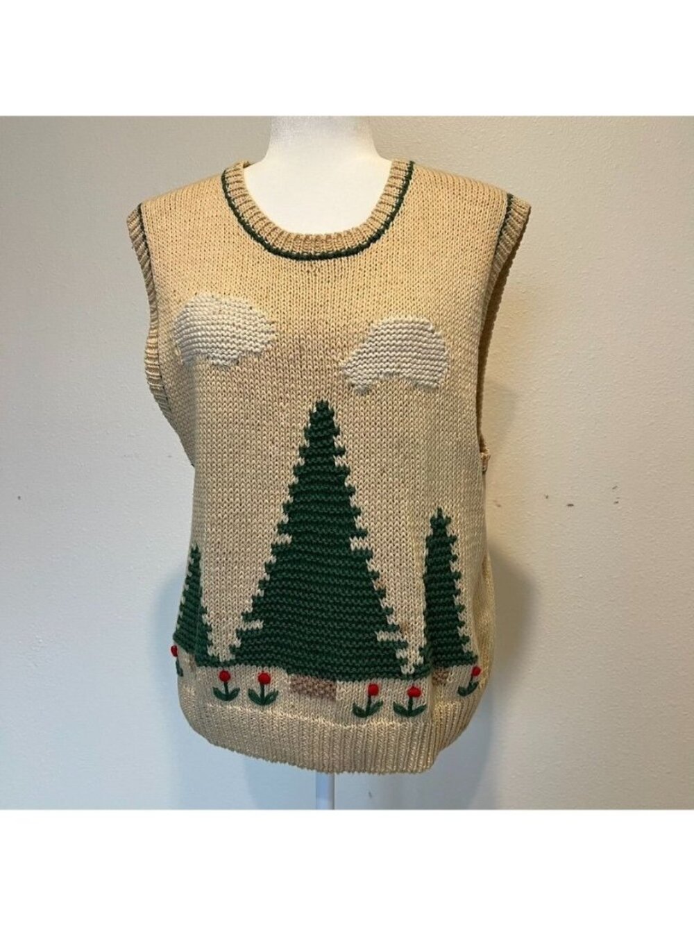 Vintage Christmas Tree Novelty Print Sweater Vest Ramie Knit Size Large